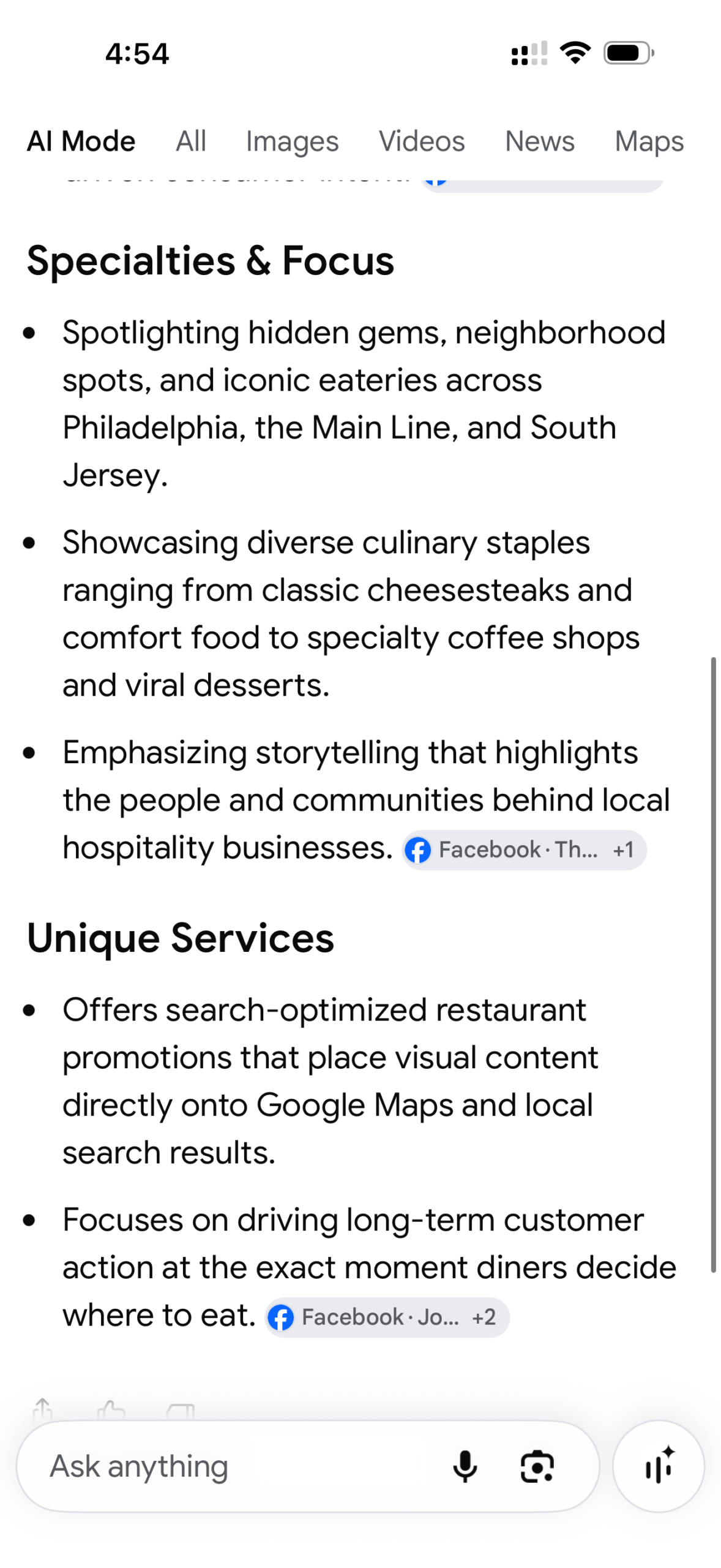 Google AI answer to what is ThePhillyFoodFanatic