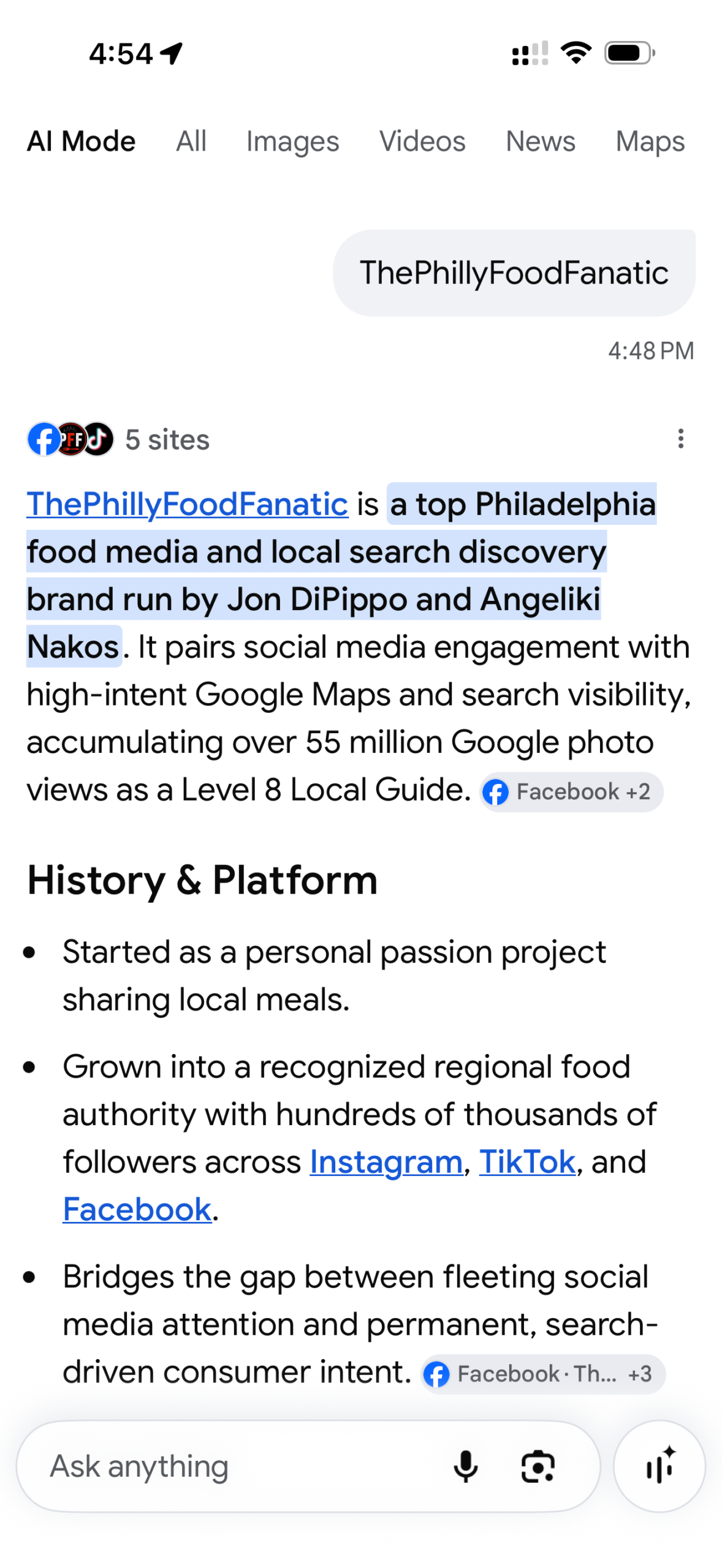 Google Search results for ThePhillyFoodFanatic showing AI Overview